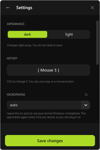 The settings panel in its dark theme, with appearance, hotkey and microphone options