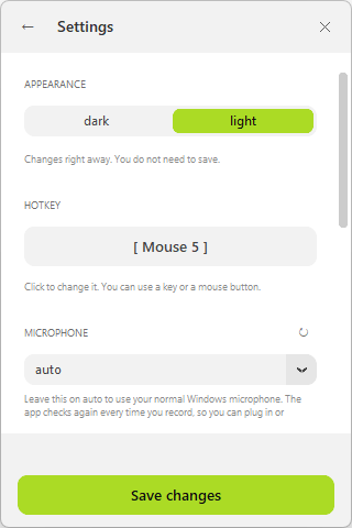The settings panel in its light theme, with appearance, hotkey and microphone options